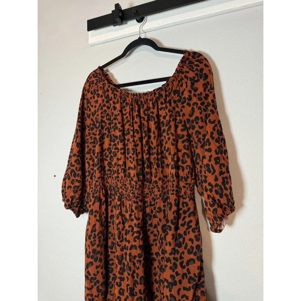 Knox Rose Smocked Leopard A-Line Dress XXL Knee Length Brown Black Cheetah